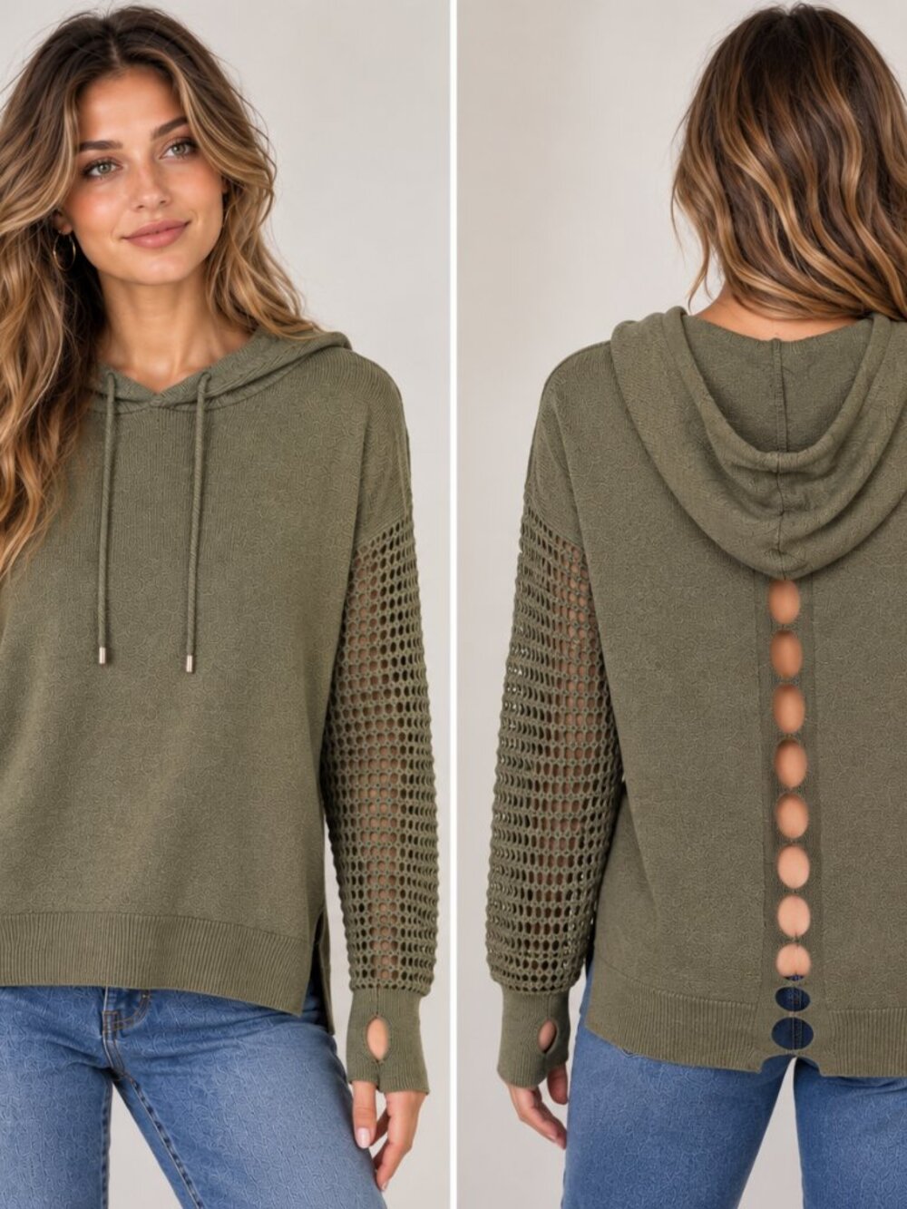Stitches & Stripes Olive Hooded Open Back Sweater Size S